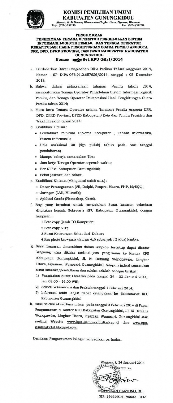 LOWONGAN KERJA: PENERIMAAN TENAGA OUTSOURCING PEMILU